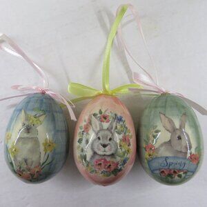 Decoupage Easter Egg Ornaments Lot of 3 Paper Mache Bunnies Double Sided Pastels